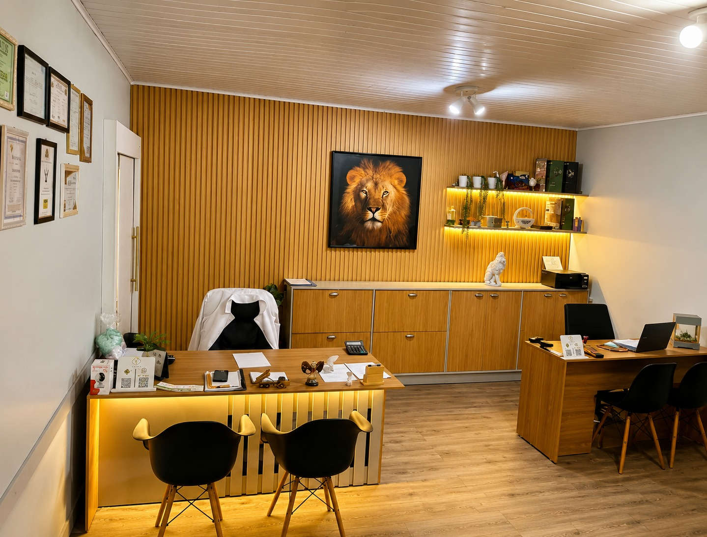 Ambiente de recepção de unidade parceira, com iluminação suave