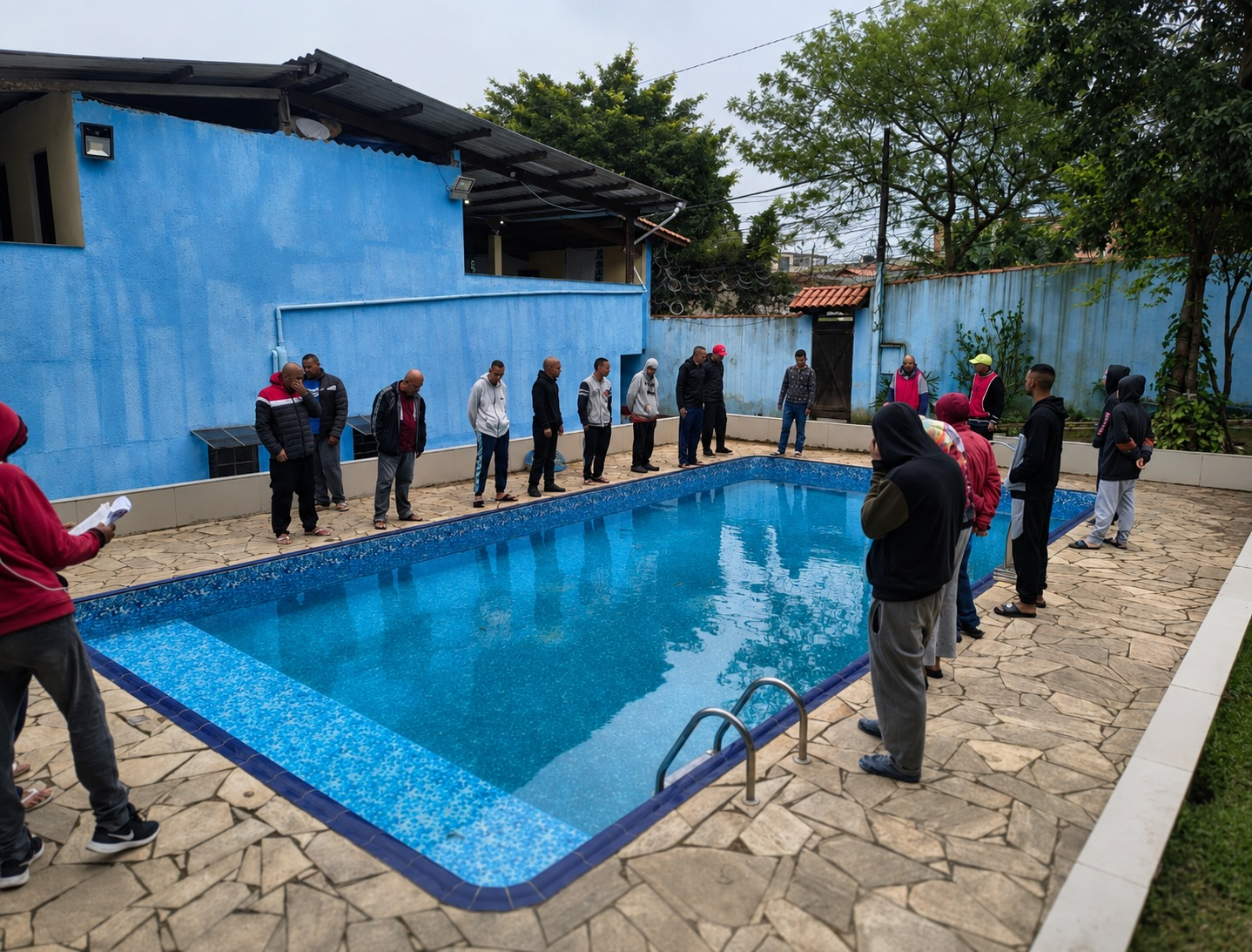 Área externa com piscina em ambiente arborizado de unidade parceira